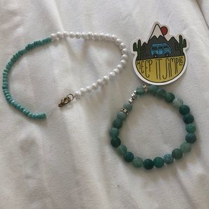 Teal necklace and bracelet, with charm